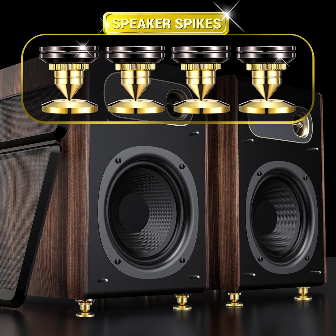 4PCS Golden Speaker Isolation Spikes with Plated Speaker Spikes Pads Mat, Speaker Spikes &amp; Speaker Spike Pad Kit with Double-Sided Adhesive for Subwoofer CD DVD Player Audio Amplifier Recorder