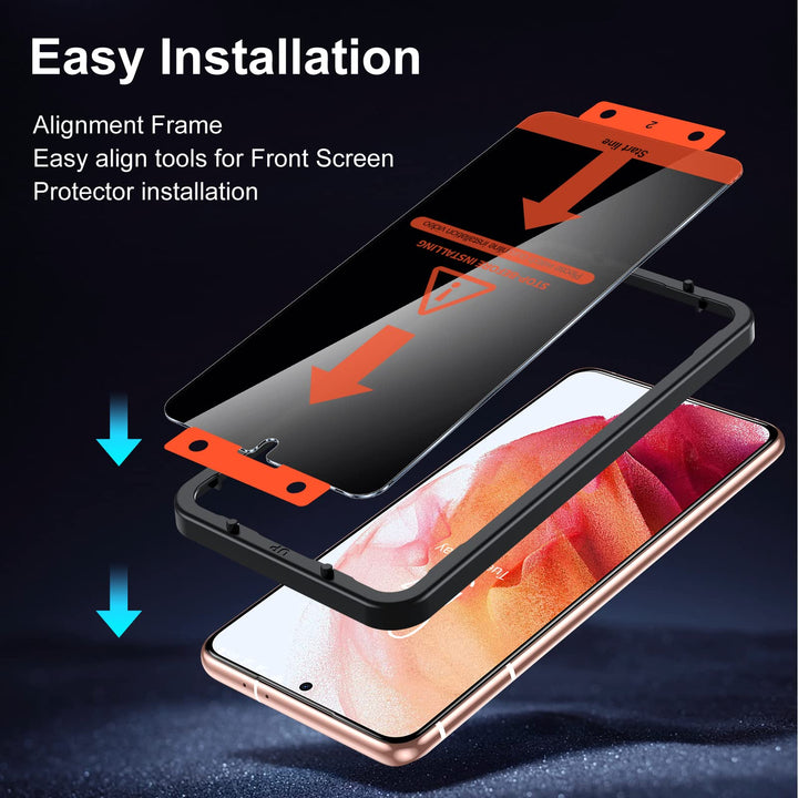[2+2 Pack] Compatible with Samsung S21 Privacy Screen Protector Tempered Glass and Camera Lens Protector, Anti Spy [Easy Installation Frame] Bubble Free