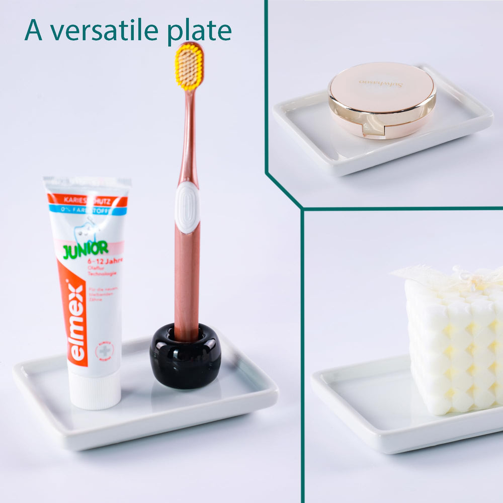 2 PCS Ceramic Soap Tray, Vanity Tray, Bathroom Organizer Countertop for Candle & Jewelry Ring & Perfume & Shampoo, Small Rectangle, Color White