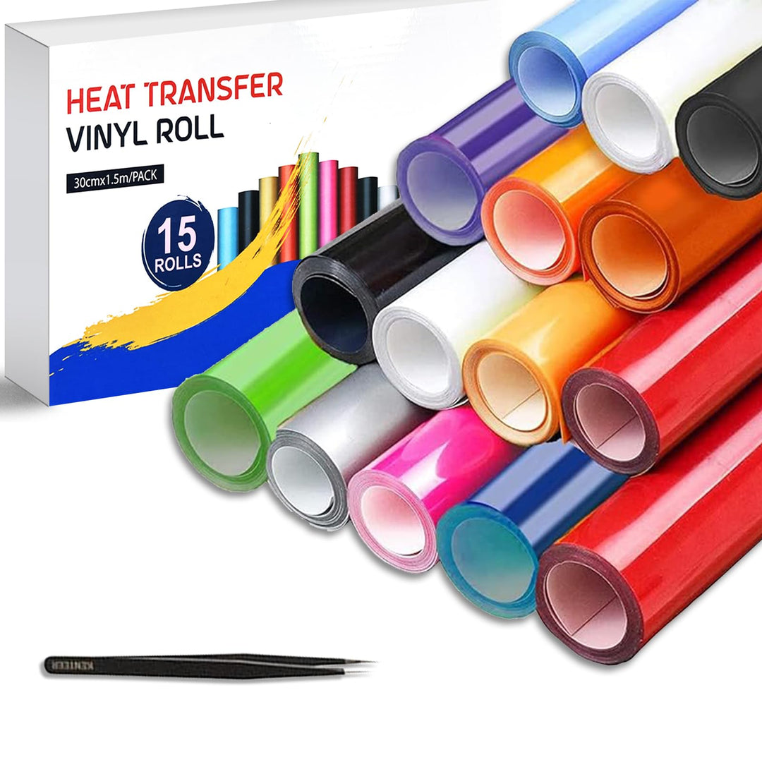 HTV Heat Transfer Vinyl Bundle (15 Pack) - 12 x 5ft HTV Vinyl Rolls for T-Shirts, Iron on Vinyl for Cricut Maker, Maker 3, Explore Air 2 All Cutter Machine - Easy to Cut &amp; Weed for Heat Vinyl Design