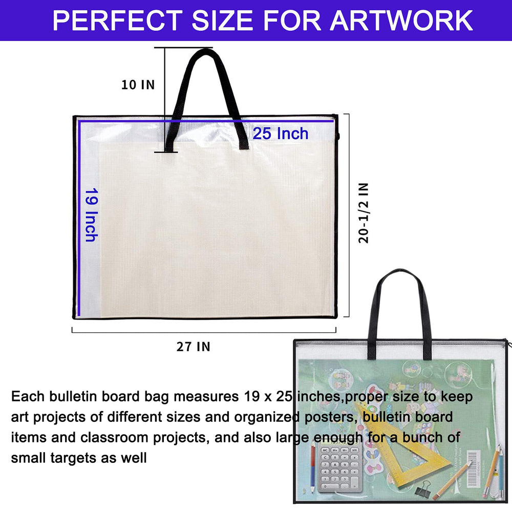 3 Pieces Art Portfolio Bag Poster Storage Bag, with Zipper and Handle Posters Organizer Transparent White Bag for Large Posters, Poster Board, Painting, Bulletin Boards 19 x 25 inch