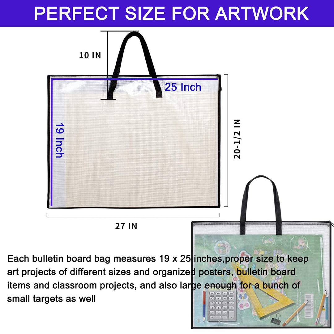 3 Pieces Art Portfolio Bag Poster Storage Bag, with Zipper and Handle Posters Organizer Transparent White Bag for Large Posters, Poster Board, Painting, Bulletin Boards 19 x 25 inch