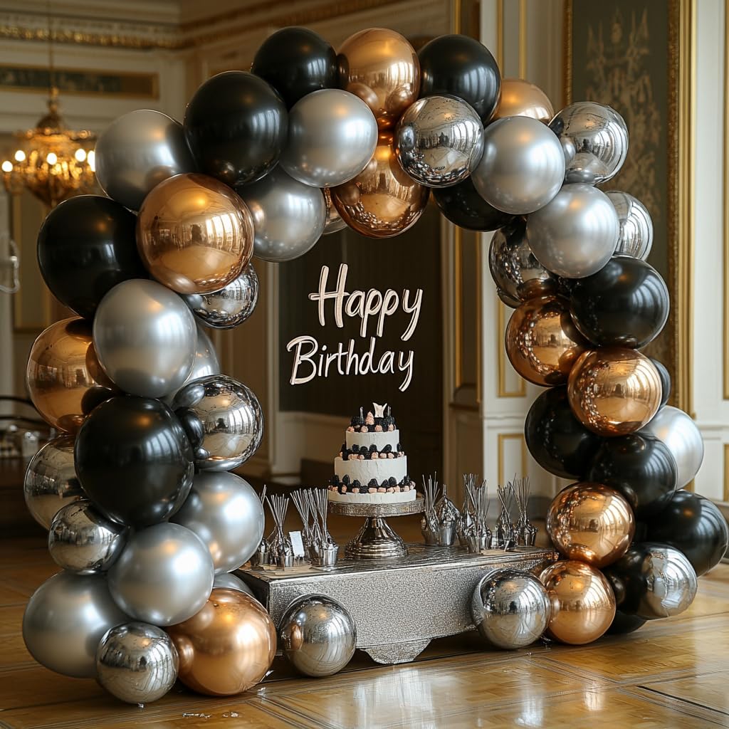 Black Silver Confetti Latex Balloons,60pcs 12 inch Black White Silver Metallic Chrome and Silver Confetti Balloons for Birthday, Baby Shower, Wedding, and Silver Theme Party Decoration