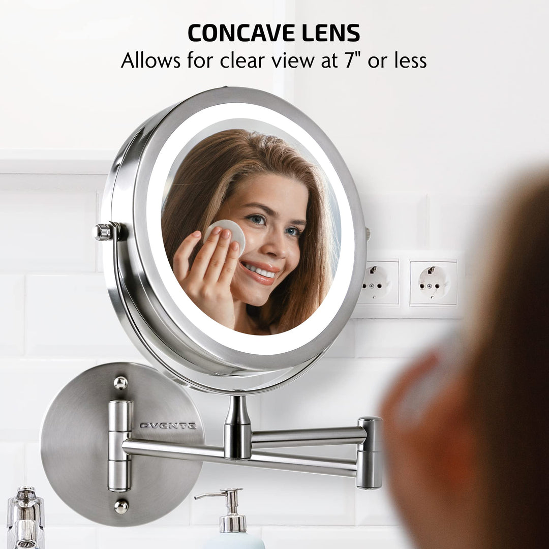7 Lighted Wall Mount Makeup Mirror with 1X/10X Magnification, Cordless Double Sided Magnifying Round Vanity Mirror, 360° Swivel Design, Extendable and Folding Arm, Nickel Brushed MFW70BR1X10X
