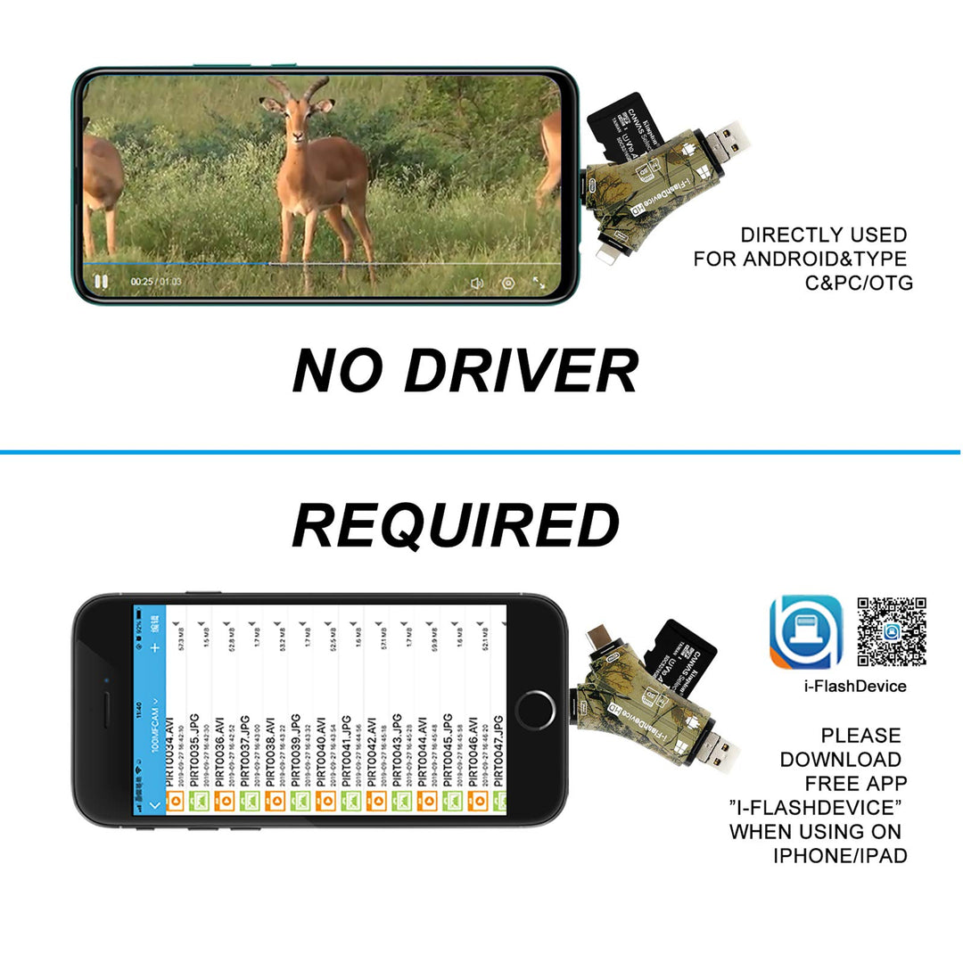 Trail Camera Viewer SD Card Reader for iPhone iPad Mac &amp; Android, 4 in 1 SD/Micro SD/TF Memory Card Reader Adapter to View Hunting Game Camera Photos or Videos on Smartphone