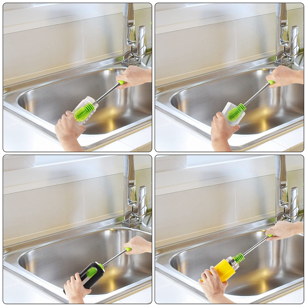 Bottle Brush Dishwashing Cleaning Brush Set, Bottle Scrubbing Silicone Kitchen Cleaner for Washing Glass, Baby Bottles, Mugs, Beer Wine Narrow Neck Water Sport Bottles, Antibacterial Long Handle