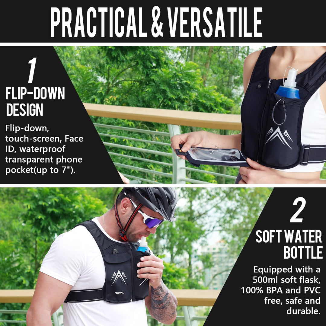 Running Vest, USA Original Patent, Zip Reflective Running Vests with 500ml Hydration Bottle, Adjustable Waistband &amp; Breathable Material, Chest Pack Gear Phone Holder for Running, Men &amp; Women