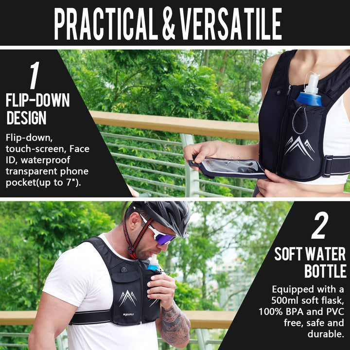 Running Vest, USA Original Patent, Zip Reflective Running Vests with 500ml Hydration Bottle, Adjustable Waistband &amp; Breathable Material, Chest Pack Gear Phone Holder for Running, Men &amp; Women