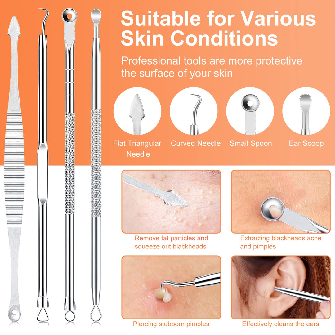 Pimple Popper Tool Kit, 15 PCS Professional Stainless Steel Blackhead Remover Comedone Extractor Tools for Removing Zit on Face - Acne Removal Kit with Metal Case (Silver)