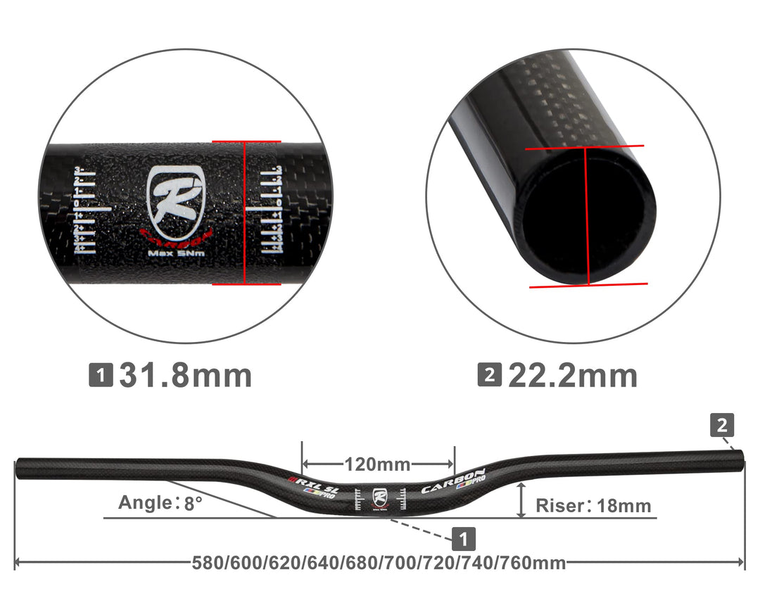 MTB Handlebars, Mountain Bike Handlebars, MTB Bars Riser Handlebars 31.8, Carbon Fiber 720mm 740mm 760mm MTB Bike Handlebars MTB Handle Bars(Red pro 3K, 720mm) Bicycle Handlebars MTB Bars