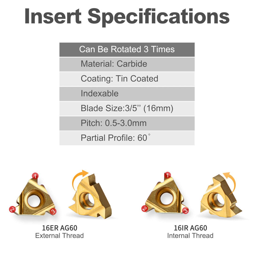 Indexable Metal Lathe Insert Blades - CCMT21.51, DCMT21.51, 11IR AG60, MGMN150-G, 11ER AG60 7Pcs for 1/2 Shank Indexable Turning Tool Holder Insert Replacement