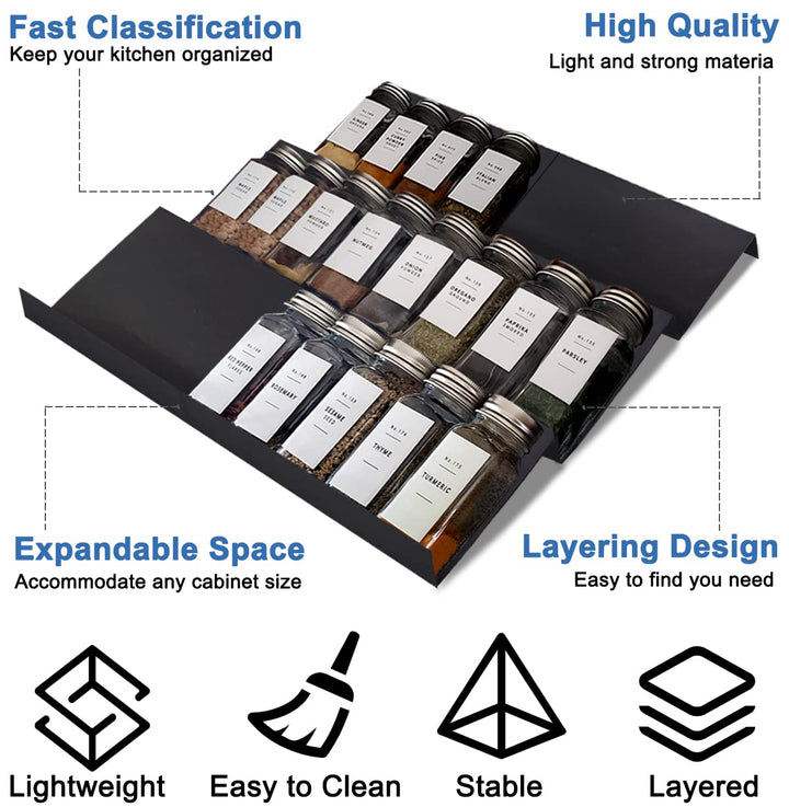 Expandable Spice Drawer Rack Organizer Insert for Kitchen Cabinet - Multi Tier Adjustable Spice Storage Shelf for Seasoning and Jar, Pack of 6