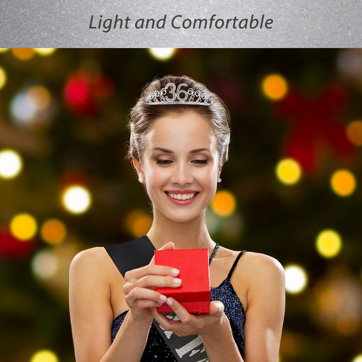 36th Birthday Tiara and Sash silver, 36th Birthday Gifts for woman, HAPPY 36th Birthday Party Supplies, 36 &amp; Fabulous Glitter Satin Sash and Crystal Tiara Birthday Crown for 36th Birthday Party Suppli