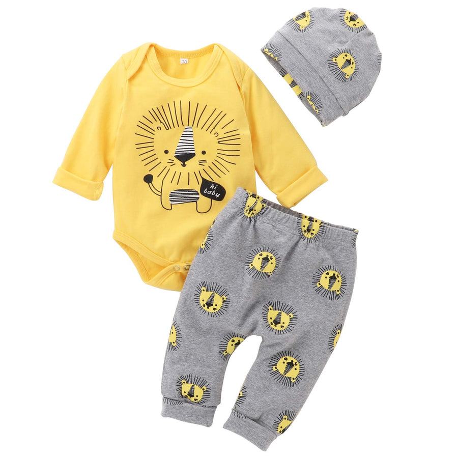 Newborn Baby Boy Clothes Little Lion Print Romper+Pants+Hat Newborn Boy Outfits Set(0-3 Months)