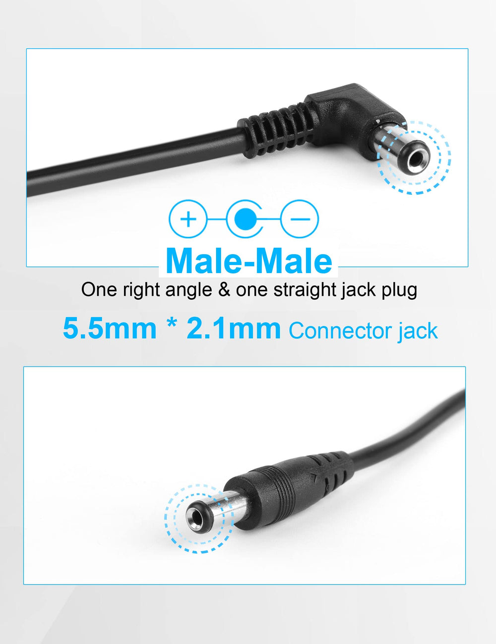 Guitar Effect Pedal DC Cable 5.5 x 2.1mm Power Lead/Cord, Male to Male 24AWG Connector Plug Wire Adapter (24 in, 8 Pack)