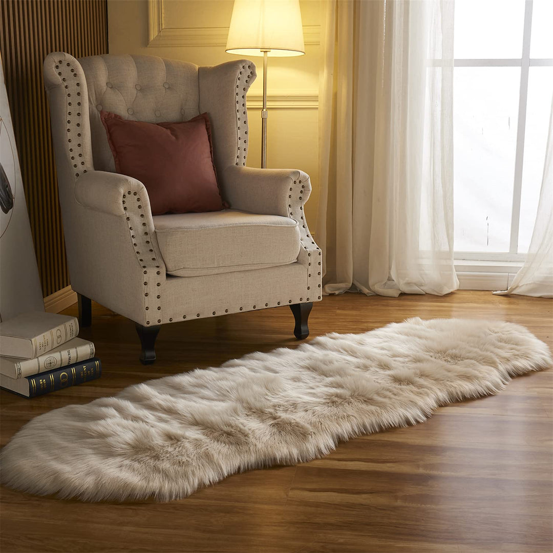 Area Rug Faux Fur Sheepskin Beige for Home Bedroom, Fluffy Small Fuzzy Furry Shaggy Rug for Living Room 2 x 6 Feet