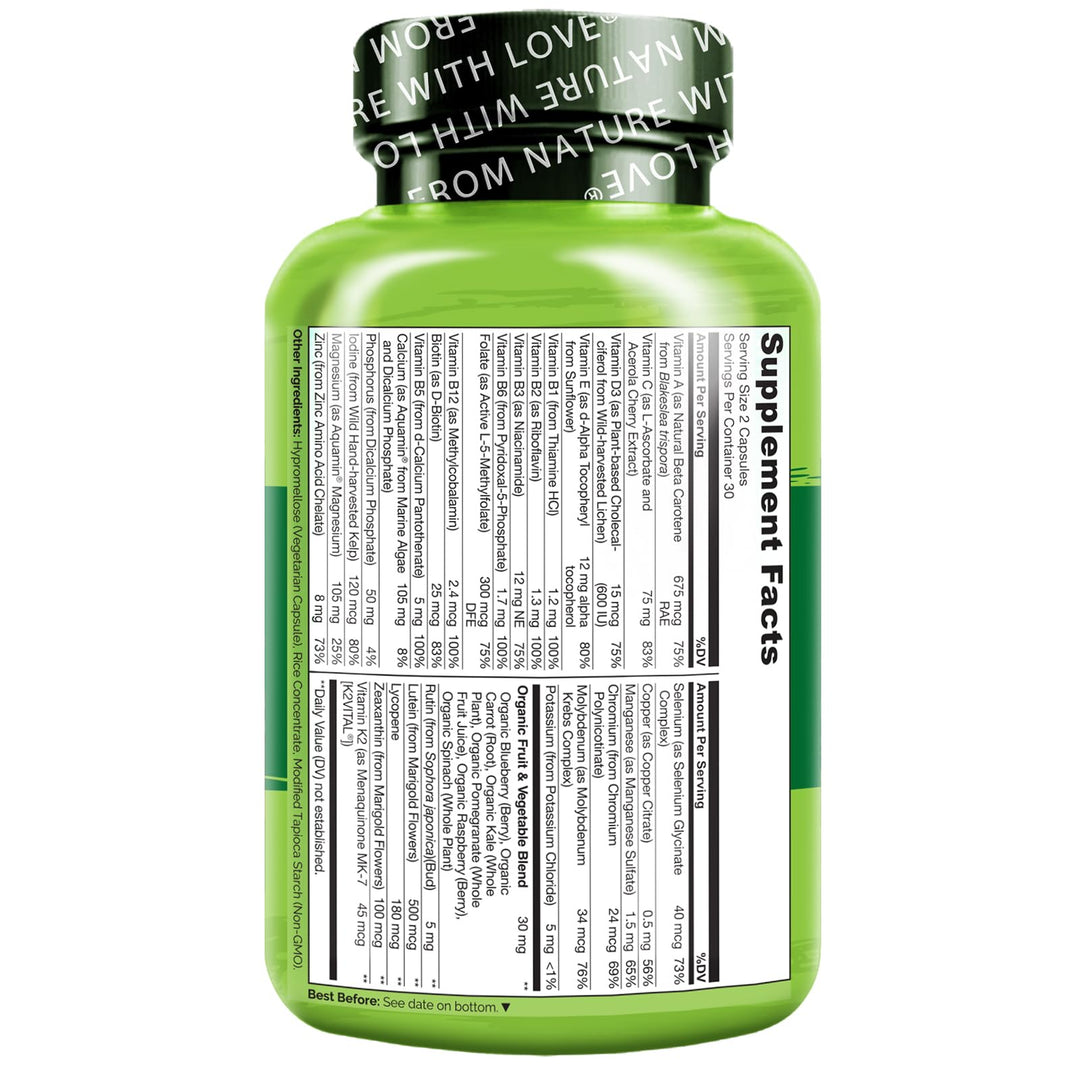 Whole Food Multivitamin for Teenage Boys - Vitamins and Minerals Supplement for Active Kids - with Plant Extracts - Non-GMO - Vegan &amp; Vegetarian - 60 Capsules