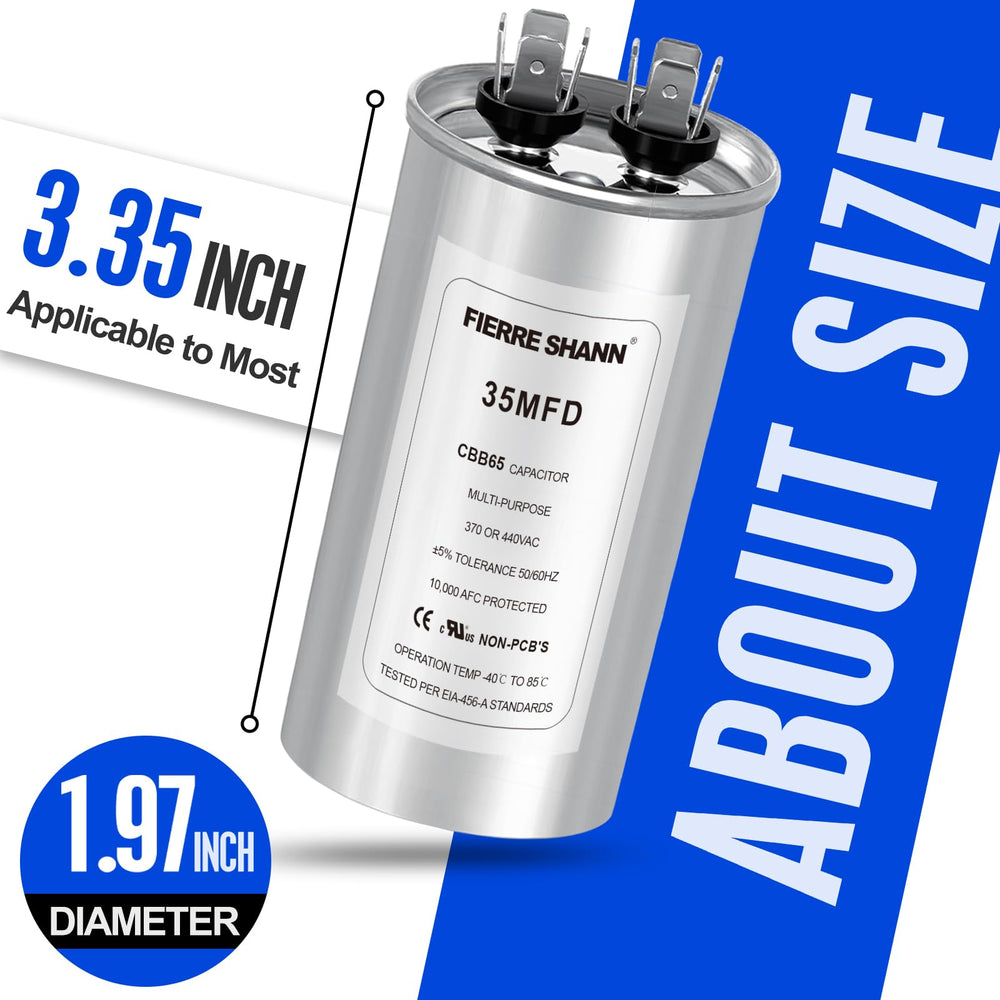 35 uF/MFD Capacitor for AC, 370 or 440 VAC CBB65 Dual Run Round Capacitors for AC Motor Run, Fan Start, Condenser Straight Cool, Heat Pump, Air Conditioner, and Pool Pump