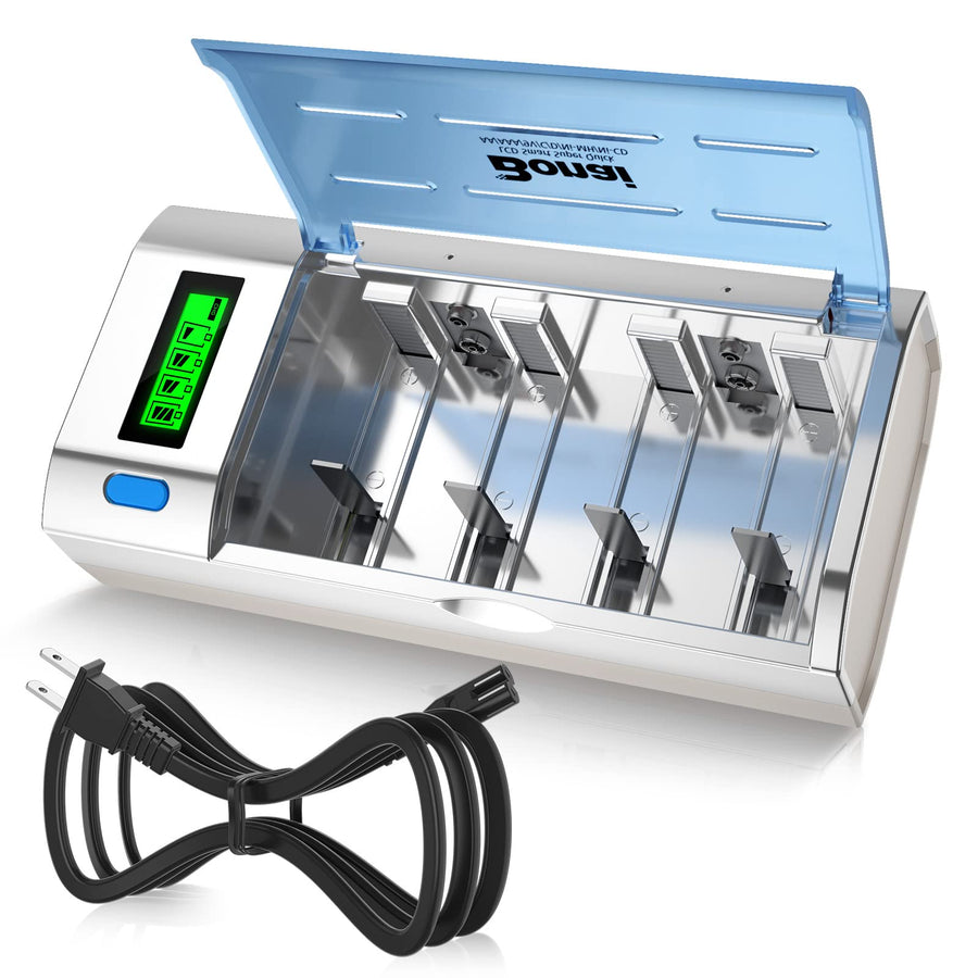 LCD Battery Charger for C D AA AAA 9V NiMH NiCD Rechargeable Batteries with Discharge Function and AC Plug Fast Charging