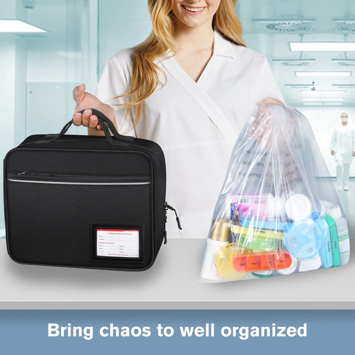 Pill Bottle Organizer Medicine Storage Bag Medication Travel Carrying Case Manager with Handle, Fixed Pockets for Medications, Vitamins, Medical Supplies, Black
