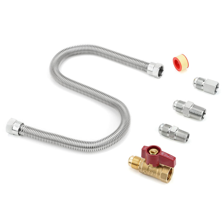 One Stop Gas Appliance Hook Up Kit - Brass Gas Ball Valve and Flexible Gas Connector with Fittings for Garage Heaters, Gas Stoves, Wall Mounted Heaters, Gas Fireplace and Gas Dryer