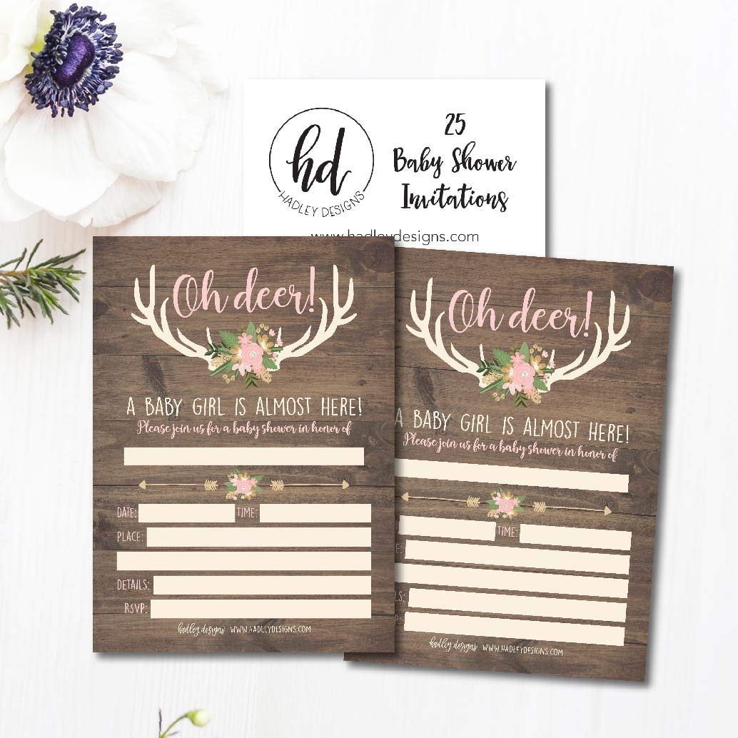 25 Oh Deer Baby Shower Invitations, Pink Rustic Sprinkle Invite for Girl, Buck Modern Gender Theme Almost Here, Woodland Hunting Cute Printed Fill or Write in Blank Printable Card Party Paper Supplie