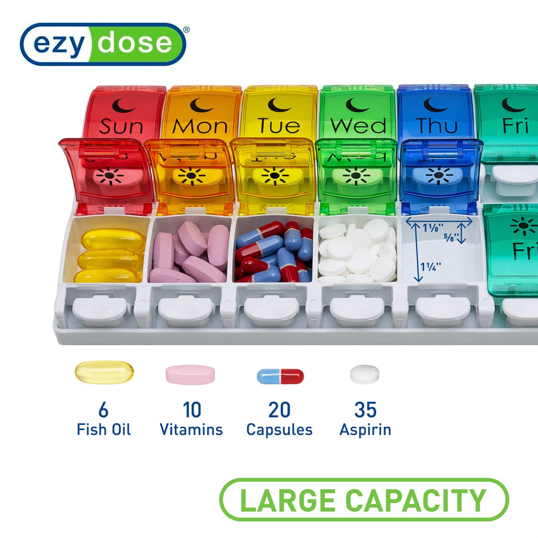 Ezy Dose Push Button (7-Day) Pill, Medicine, Vitamin Organizer Box | Weekly, 2 Times a Day, AM PM | Extra Large Compartments | Rainbow Lids | FDA Registered