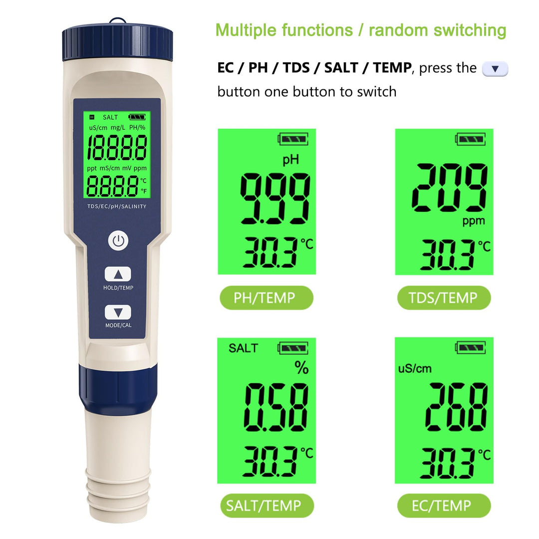 PH Meter, 5 in 1 PH/TDS/EC/Salinity/Temp Meter with ATC, 0.01 Resolution High Accuracy Water Testing for Drinking Water, Hydroponics, Seawater, Aquariums, Fish Tank and Swimming Pools