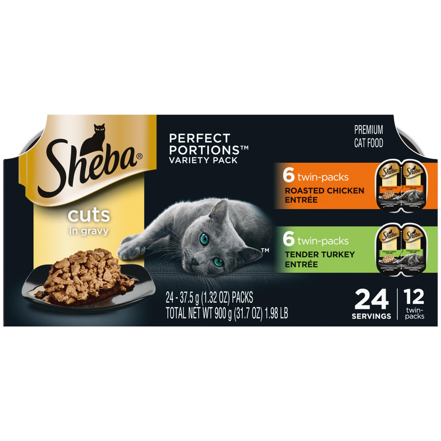 Sheba Perfect Portions Wet Cat Food Cuts in Gravy Variety Pack, Roasted Chicken Entree, and Tender Turkey Entree, 2.6 oz. Twin-Pack Trays, (12 Count, 24 Servings)