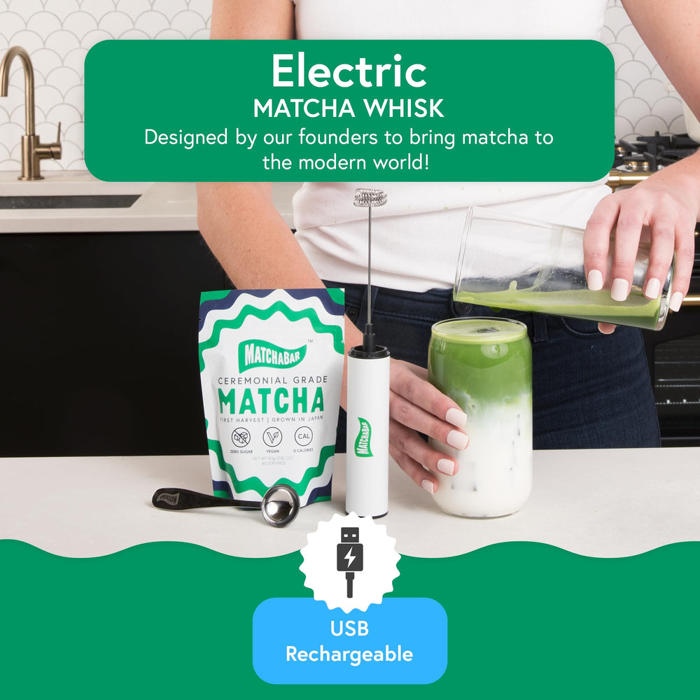 MatchaBar Electric Milk Frother Hand Blender - Stainless Steel Electric Matcha Whisk, Handheld Drink Mixer for Coffee, Greens & Protein - Easy to Clean USB Rechargeable, Dual Speed Immersion Blender