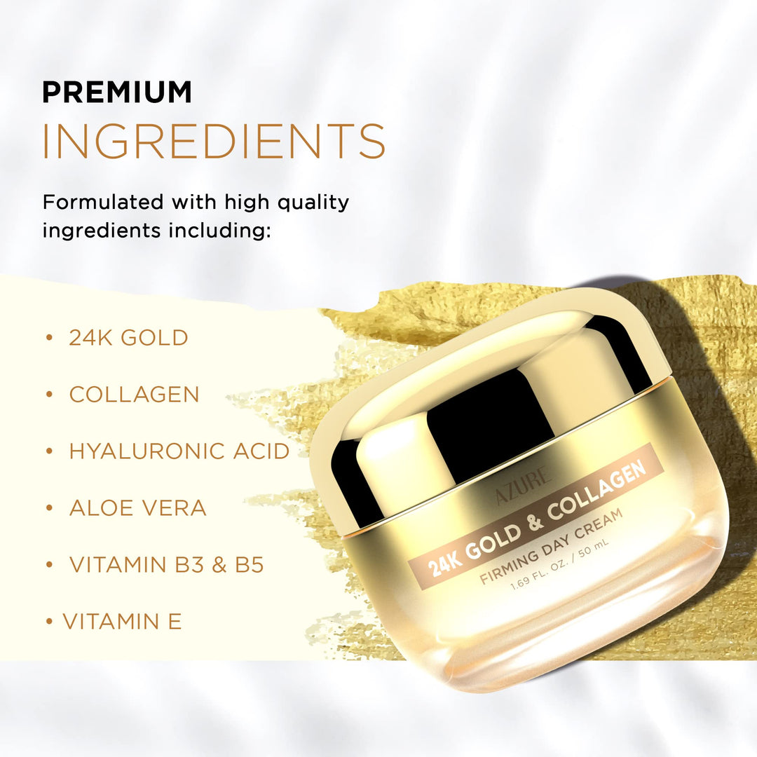 AZURE 24K Gold &amp; Collagen Firming Day Cream - Moisturizing, Illuminating &amp; Lifting | Reduces Wrinkles &amp; Fine Lines | Anti Aging &amp; Toning | Made in Korea - 50mL