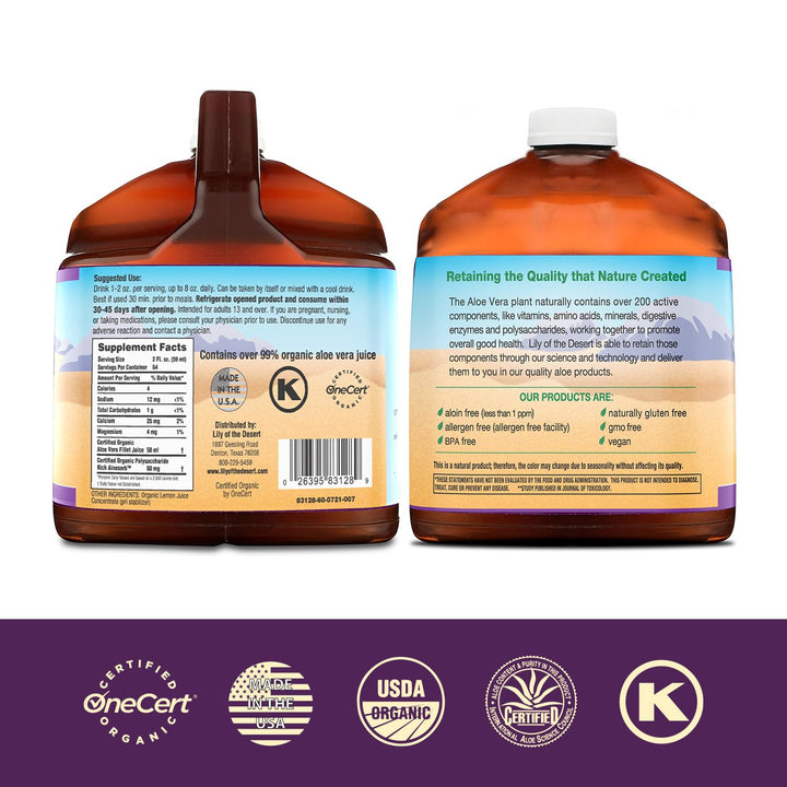 Lily of the Desert Aloe Vera Juice - Organic, Preservative-Free Inner Fillet Aloe Vera Drink with Natural Digestive Enzymes for Gut Health, Stomach Relief, Wellness, Glowing Skin, 128 Fl Oz
