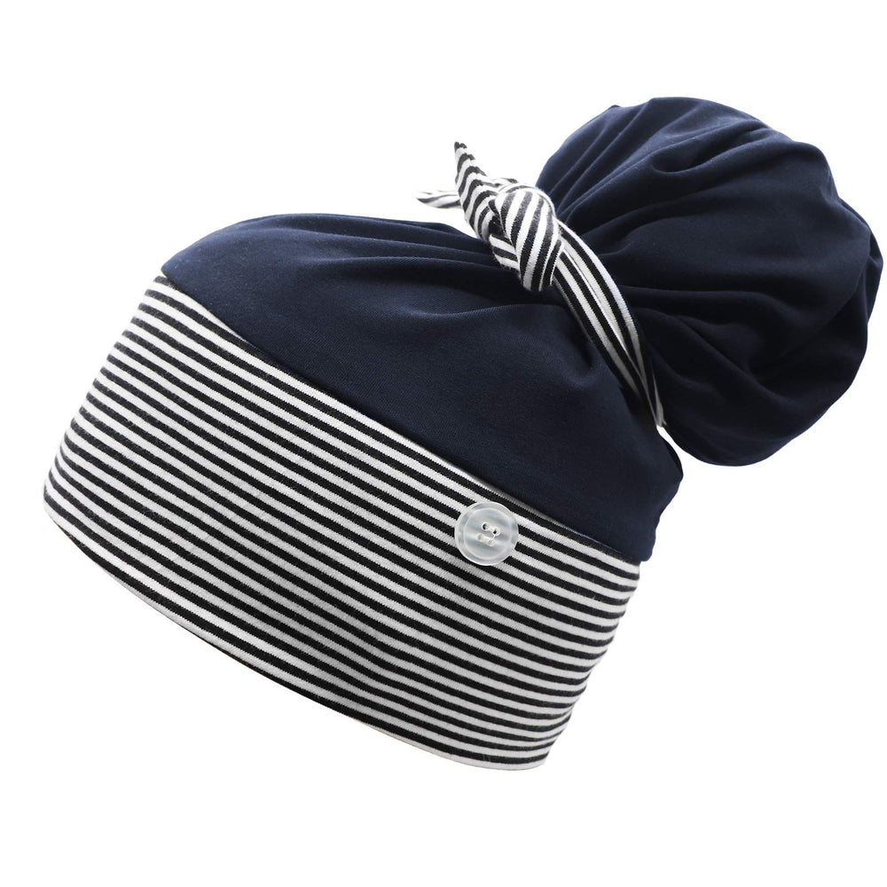 Working Cap with Buttons for Mask Stretchy Ribbon Tie Ponytail Hats for Women,Long Hair Head Covers Striped Hair Caps (E#Navy)