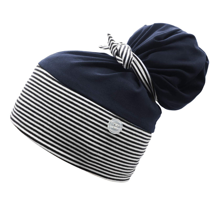 Working Cap with Buttons for Mask Stretchy Ribbon Tie Ponytail Hats for Women,Long Hair Head Covers Striped Hair Caps (E#Navy)