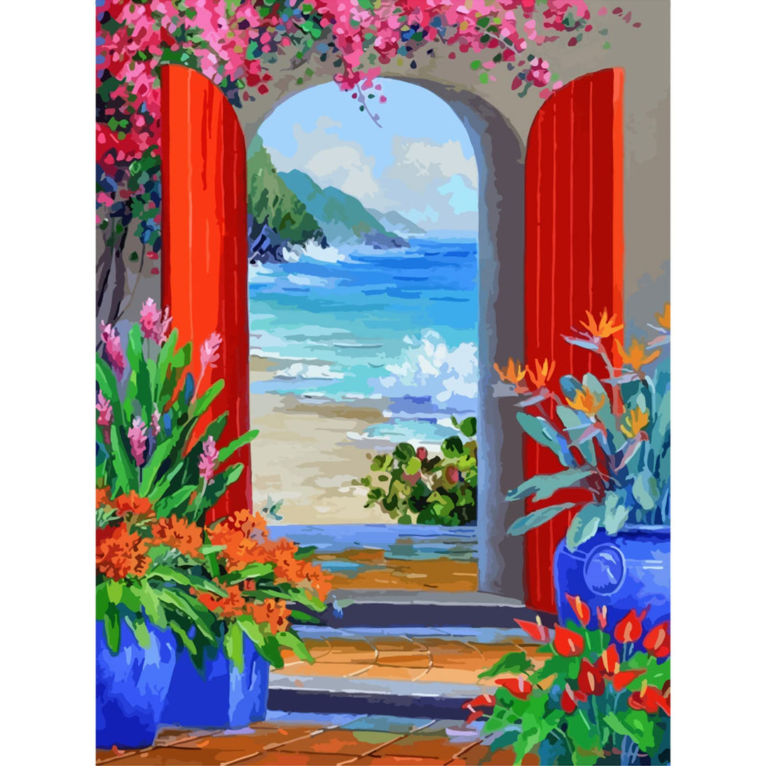 DIY Paint by Number for Adults and Kids, Acrylic Paint by Numbers for Beginner, 16” W x 20”L Easy Oil Painting for Gift Home Wall Decor (Door to The Beach)