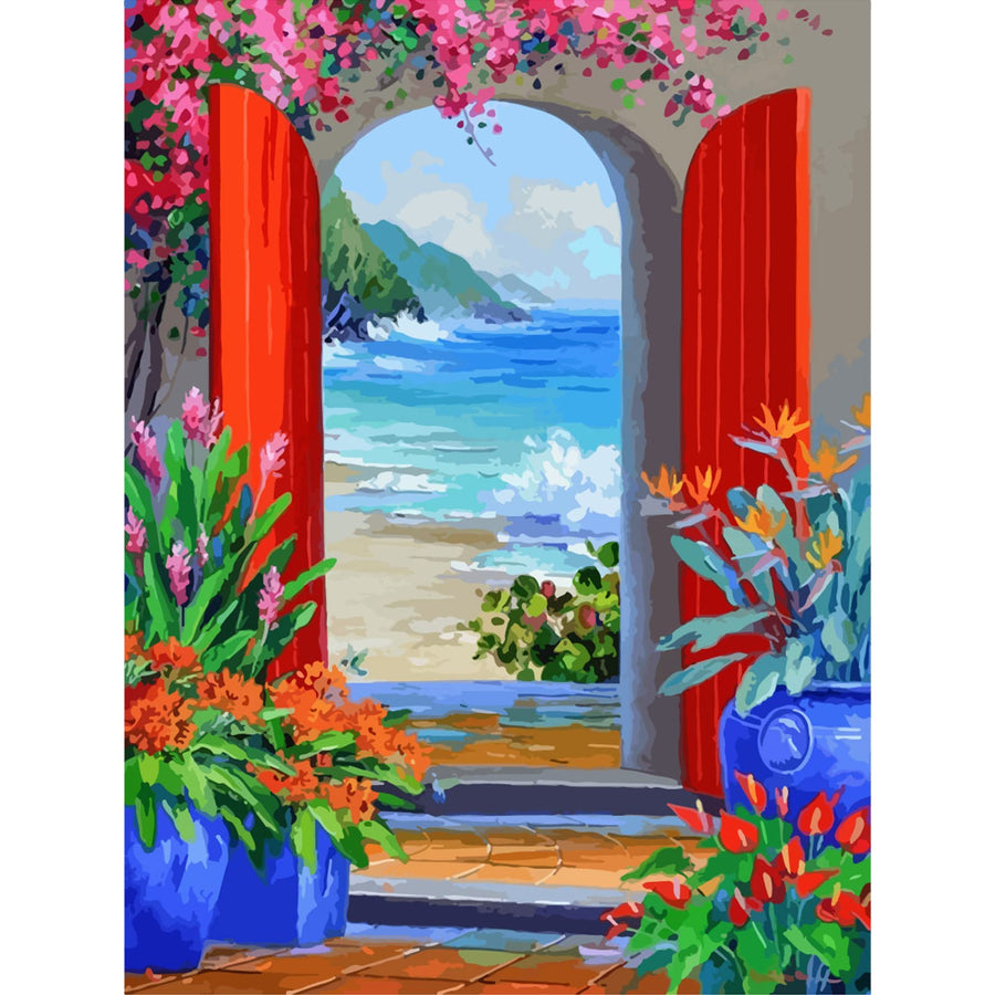 DIY Paint by Number for Adults and Kids, Acrylic Paint by Numbers for Beginner, 16” W x 20”L Easy Oil Painting for Gift Home Wall Decor (Door to The Beach)