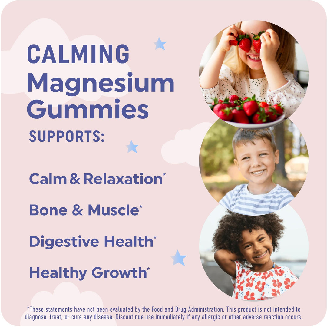 Magnesium Calming Gummies for Children's Relaxation & Natural Wake-Sleep Cycles | Relaxing Magnesium for Kids with Chamomile & Lemon Balm | Non-GMO Gluten-Free, Third-Party Tested | Calm Gummies 60ct
