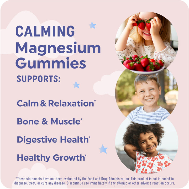 Magnesium Calming Gummies for Children's Relaxation & Natural Wake-Sleep Cycles | Relaxing Magnesium for Kids with Chamomile & Lemon Balm | Non-GMO Gluten-Free, Third-Party Tested | Calm Gummies 60ct