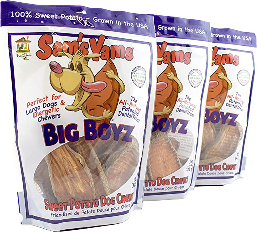 Sams Yams Sweet Potato Dog Treats, Healthy Dog Treats for Large Dogs - Sweet Potato Dog Treats Made in USA, High Fiber, Vegan Dental Chews - Big Boyz, Sweet Potato Dog Chewz, 15oz (Pack of 3)