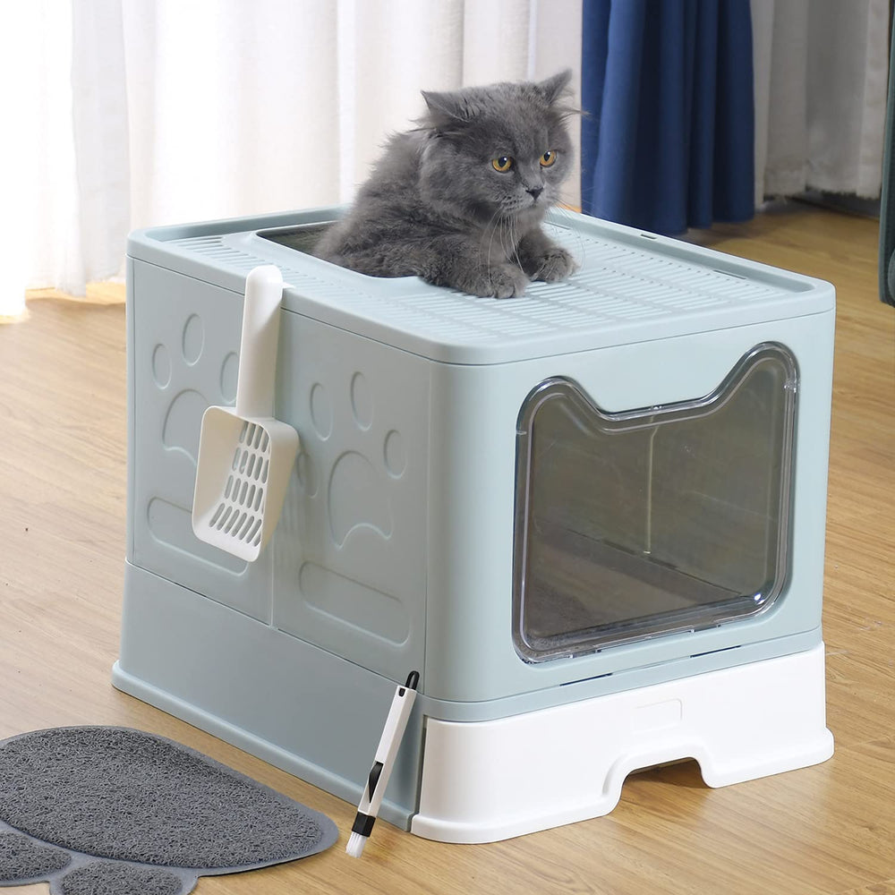 Foldable Cat Litter Box with Lid, Extra Large Covered Cat Litter Box with Litter Mat and Scoop, Easy to Clean Litter Pan, Enclosed Kitty Litter Box(Blue)