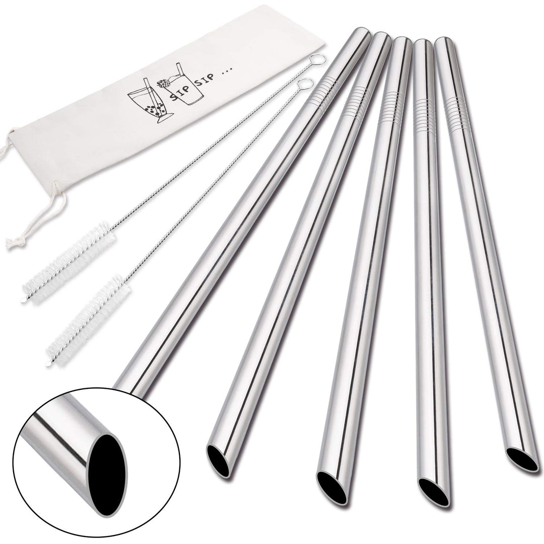 [Angled Tips] 5 Pcs 10 Reusable Bubble Tea Straws & Smoothie Straws, 0.5 Wide Stainless Steel Straws, Metal Straws for Bubble Tea/Tapioca Pearl, Milkshakes, Jumbo Drinks | 2 Cleaning Brushes
