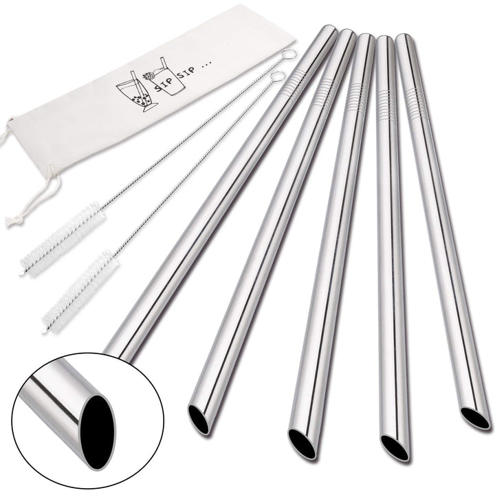 [Angled Tips] 5 Pcs 10 Reusable Bubble Tea Straws & Smoothie Straws, 0.5 Wide Stainless Steel Straws, Metal Straws for Bubble Tea/Tapioca Pearl, Milkshakes, Jumbo Drinks | 2 Cleaning Brushes