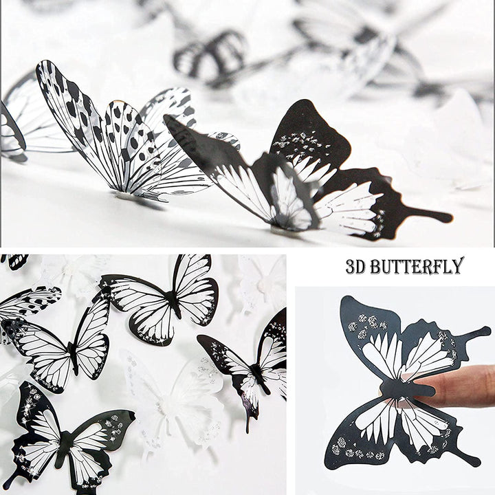 36 PCS 3D Colorful Crystal Butterfly Wall Stickers with Adhesive Art Decal Satin Paper Butterflies Baby Kids Bedroom Home DIY Decor Removable Sticker (Black and White)