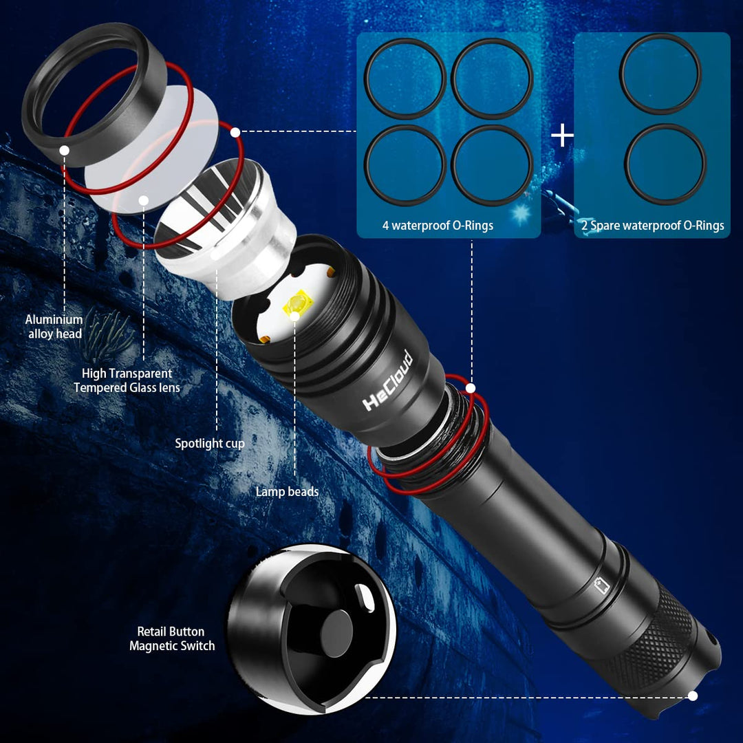 5500LM Scuba Diving Flashlight with Rechargeable Dive Light Scuba Diving Underwater Flashlight 328ft IPX8 Waterproof 4 Modes Scuba Dive Light with Charger for Submarine Deep Sea Snorkeling