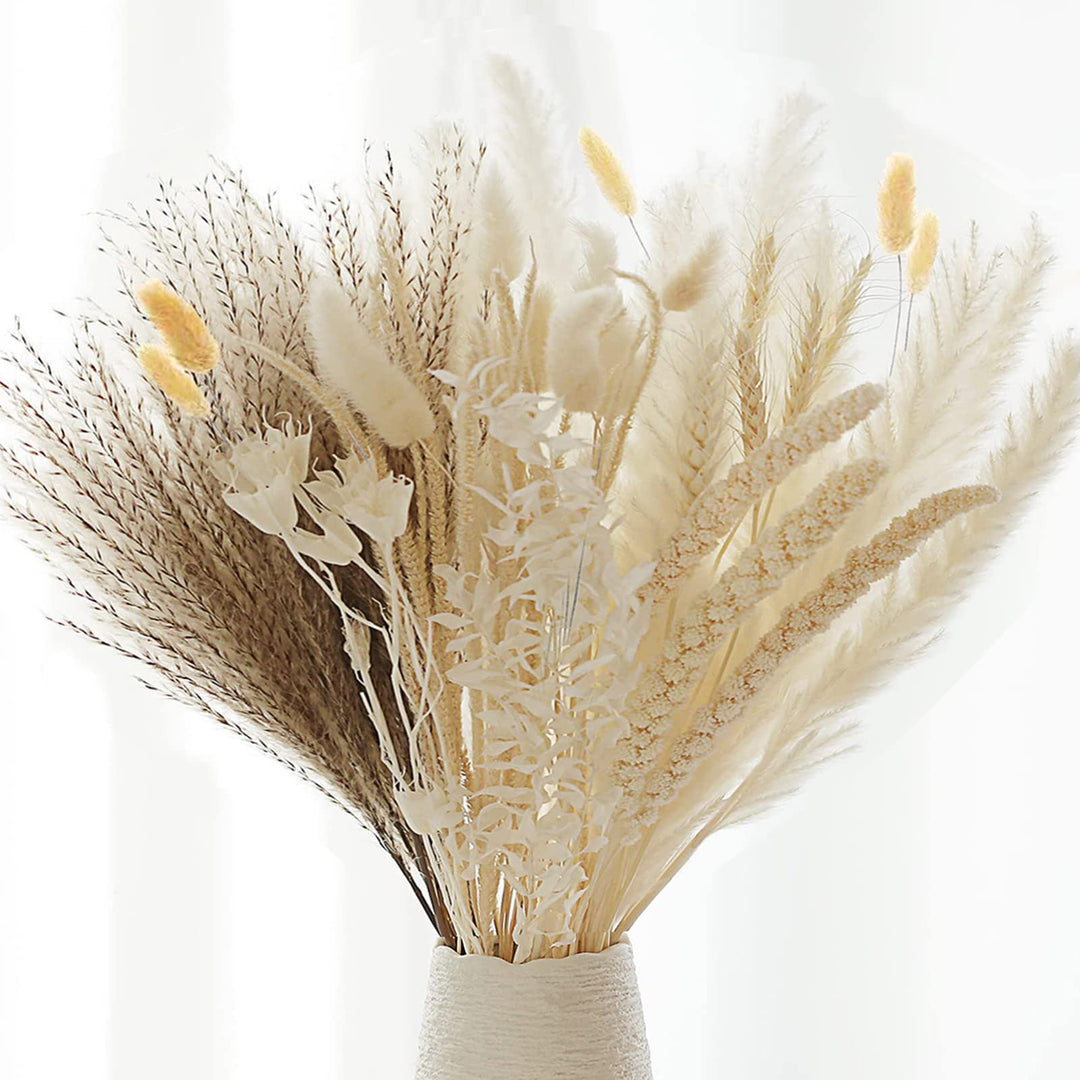 90Pcs Natural Dried Pampas Grass Decor for Boho Home and Wedding,17.3 inch White Pampas Grass with 9 Mixed Dried Grass Plants Bouquet,Natural Reed Grass,Bunny Tails Grass,and Kirin Grass