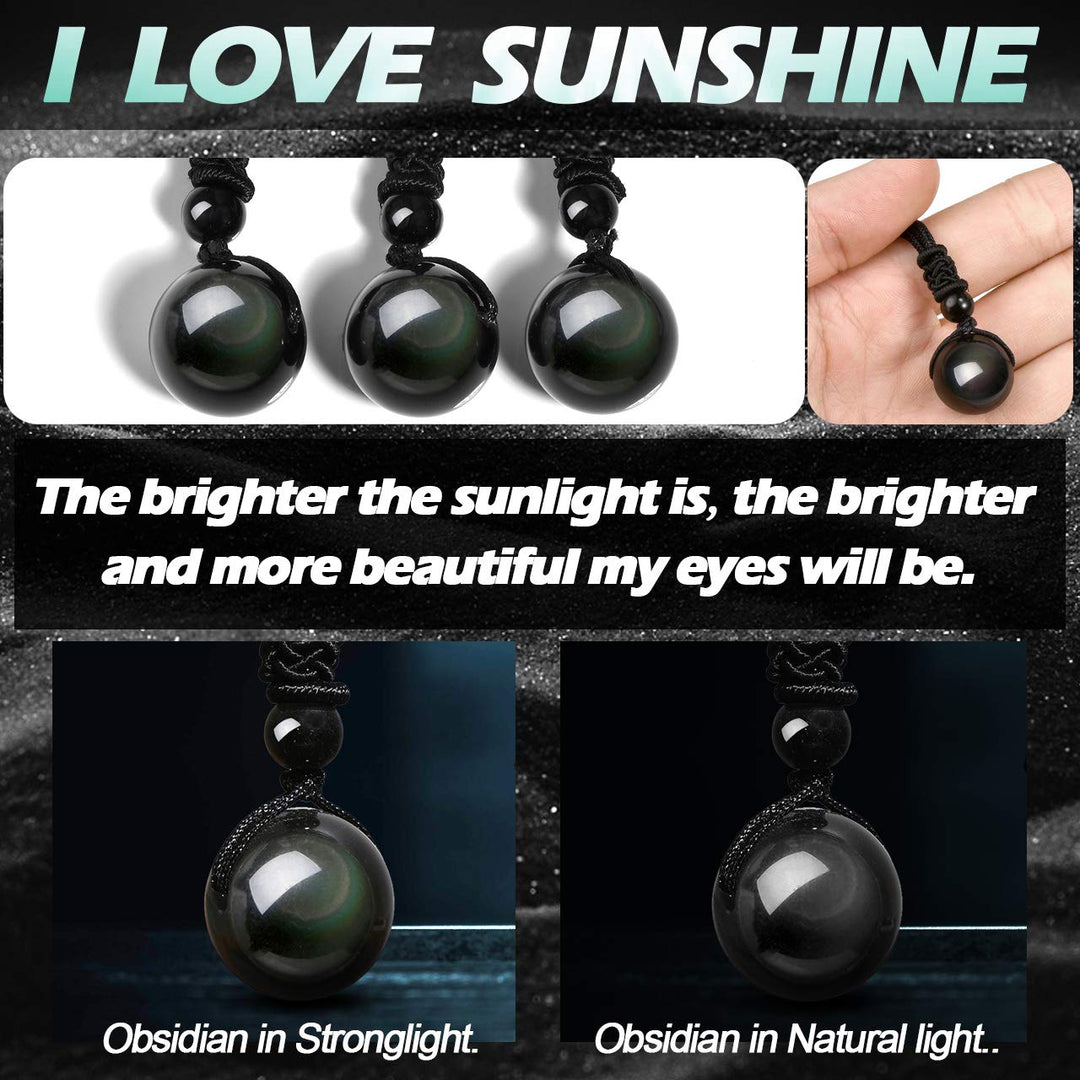 16mm Natural Black Obsidian Rainbow Eyes Stone Lucky Blessing Chakra Beads Pendant Necklace with Adjustable Braided Rope Cord