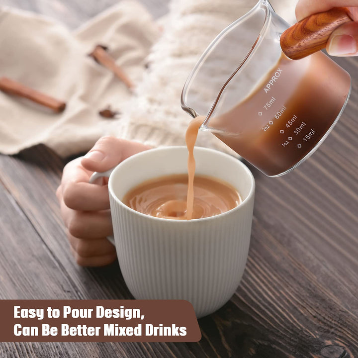 Double Spout Measuring Triple Pitcher Milk Cup 75 ml Espresso Shot Glass Espresso Measuring Cup Coffee Replacement Carafe with Handle for Barista Coffee Carafe Milk (2 Piece)