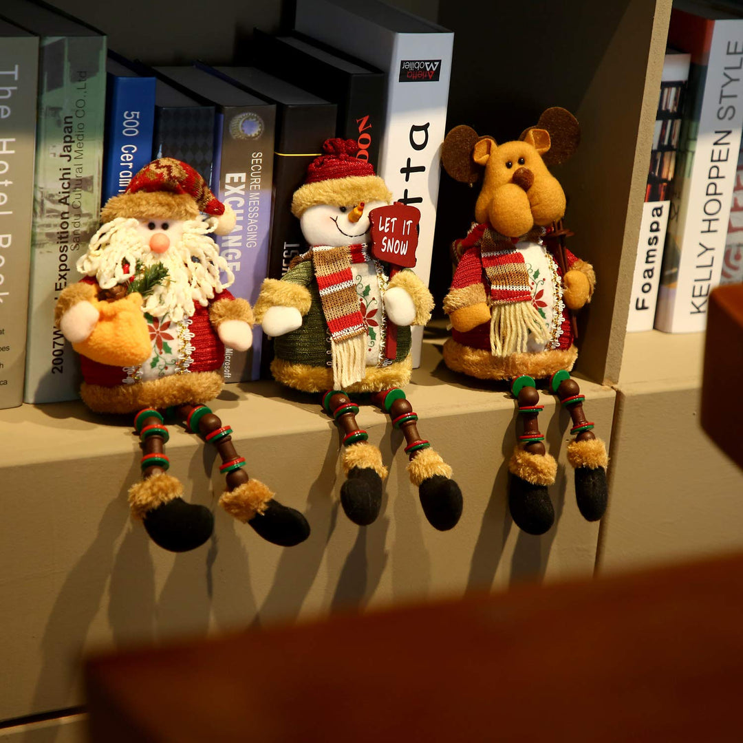 Sumind 3 Pieces Christmas Sitting Santa Claus Snowman Reindeer Christmas Ornament Long Legs Table Fireplace Decor Home Decoration Christmas Figurines Plush