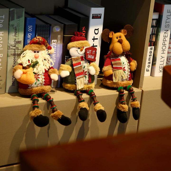Sumind 3 Pieces Christmas Sitting Santa Claus Snowman Reindeer Christmas Ornament Long Legs Table Fireplace Decor Home Decoration Christmas Figurines Plush