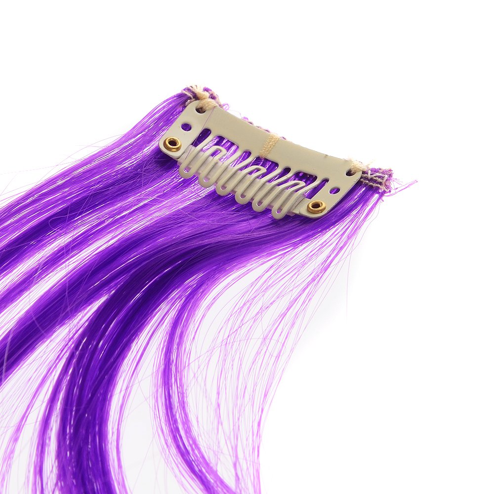 Purple : 12 Pcs Curly One Color Party Highlights Clip on in Hair Extensions Colored Hair Streak Synthetic Hairpieces (Purple)